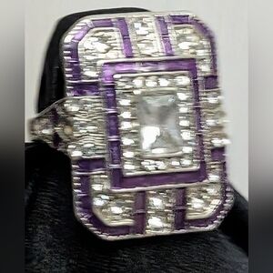 #108. Elegant Purple and Silver Square Halo Cocktail Ring